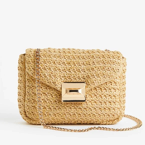 Mini Woven Crossbody Bag! Chain Link Strap. Turn Lock Closure. Metallic Gold - Picture 1 of 15